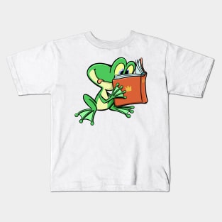 green frog reads fairy tales from a book Kids T-Shirt